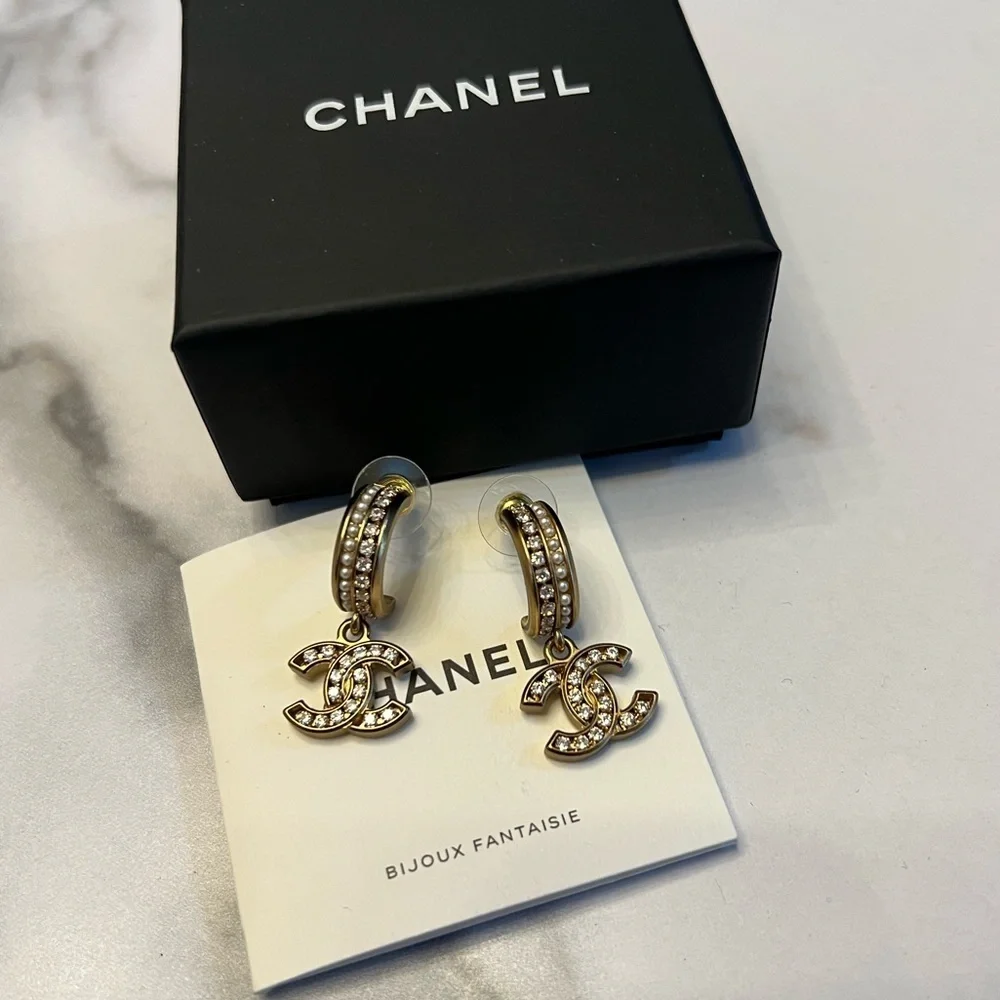 CHANEL Gold and Pearl Crystal CC Drop Earrings